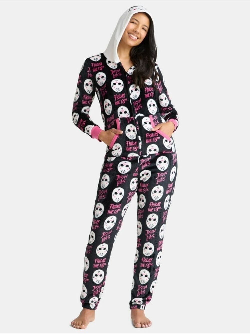 L (12/14) Friday the 13th • Black & Pink Jason Graphic Union Suit Onesie